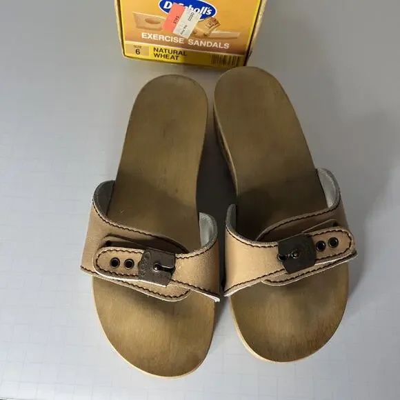 New Vintage Leather Dr. Scholl's Wooden Exercise Sandals Shoes Tan Wheat Sz 6 - Picture 3 of 11